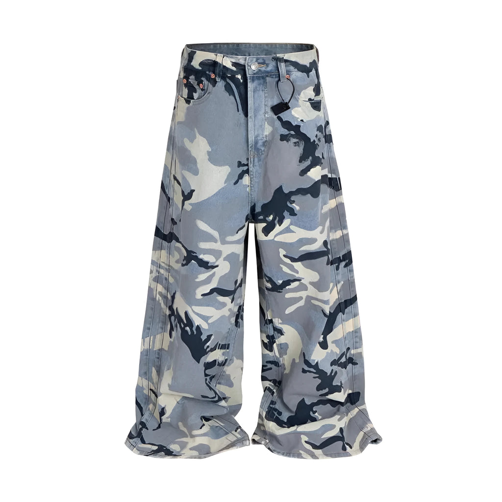 Snow camouflage blue loose fit cotton denim jeans with micro-elastic properties and mid-waist design