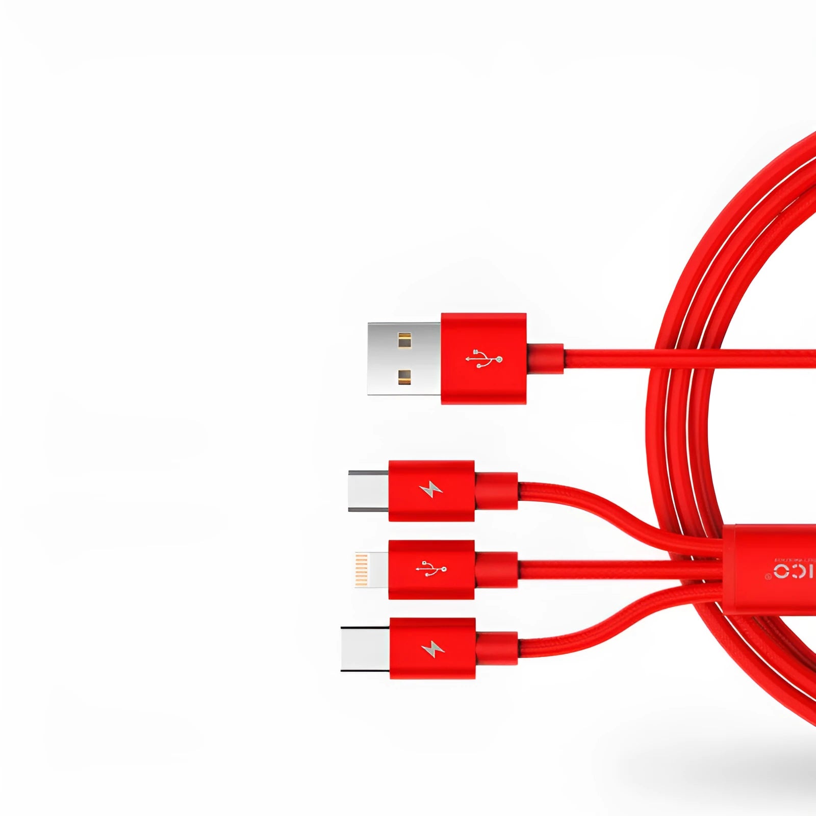 Universal three-in-one mobile phone charging cable with Type-C, Micro USB, and Lightning connectors in nylon braid