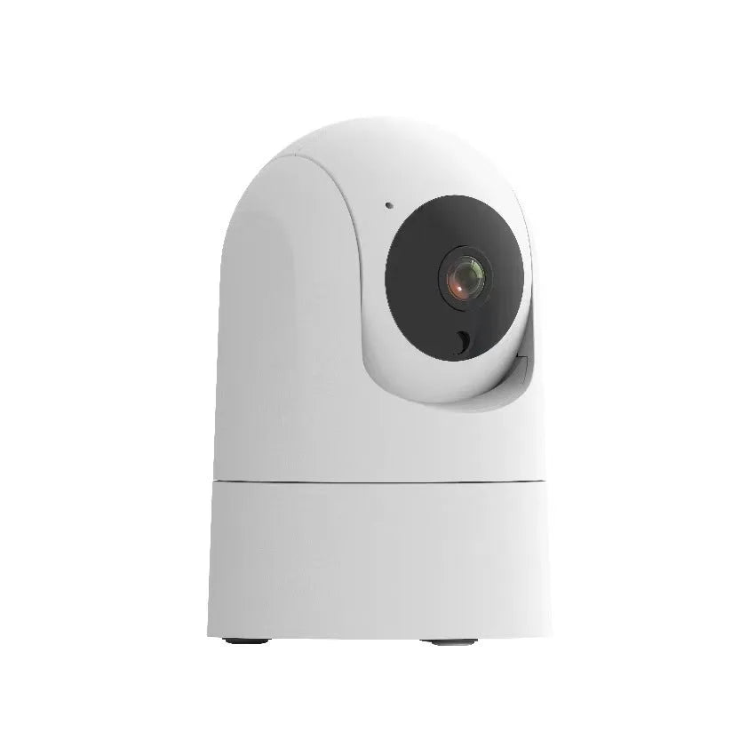 White indoor PTZ security camera on a stand with 360-degree rotation and two-way audio microphone.
