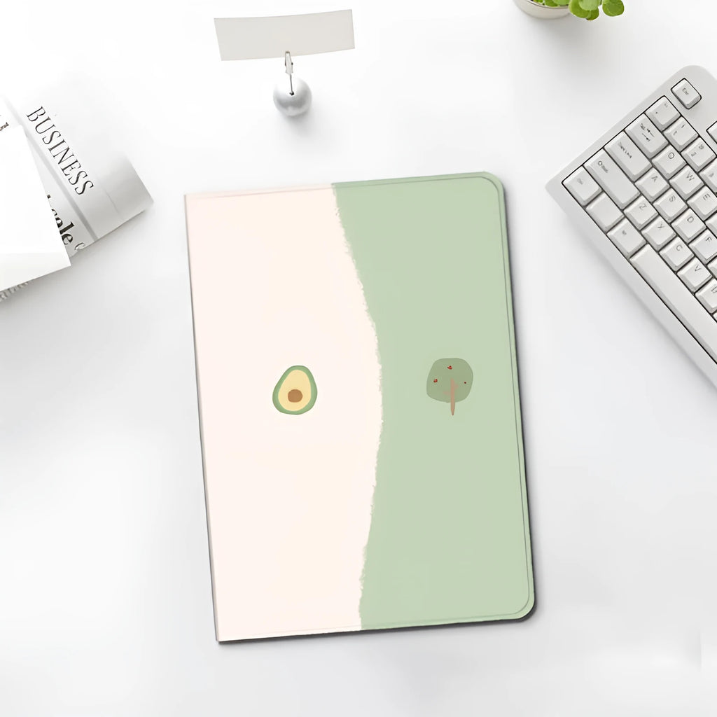 Literary avocado cartoon silicone protective case for Apple iPad, book style with pen slot, fits multiple iPad models