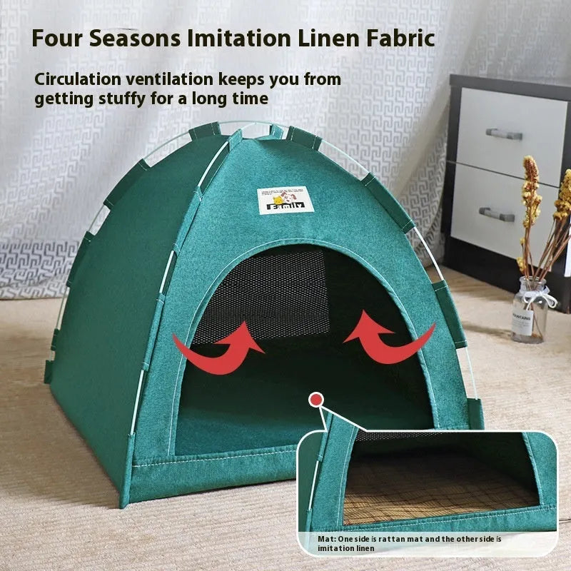 Grey linen-like fabric cat nest tent bed for small dogs, showing removable washable cover.