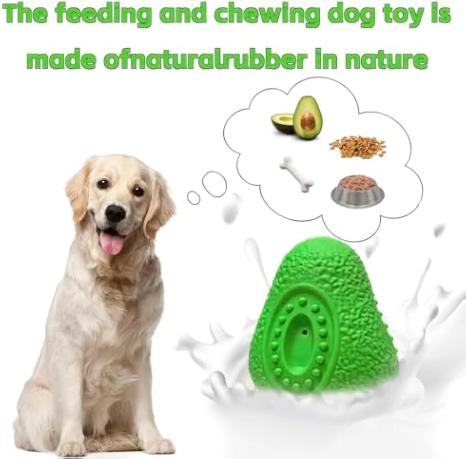 Green avocado-shaped natural rubber dog chew toy for aggressive chewers and dental cleaning.