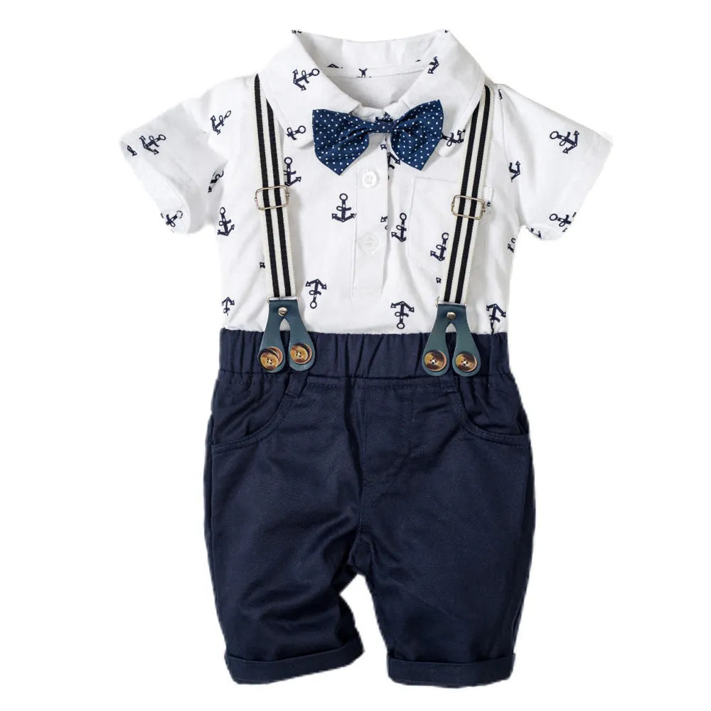 Blue cotton baby boy romper with gentleman print, short sleeves, and climbing style design.