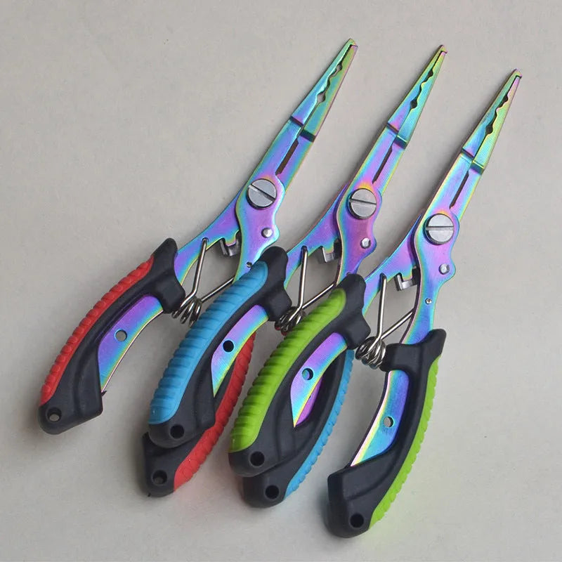 Straight mouth fishing pliers with hook tool, red ABS plastic handle, on a nylon bag with strap.
