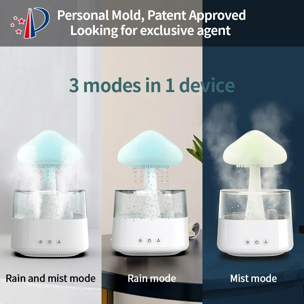 White raining cloud desk humidifier and night light with mushroom lamp design for aromatherapy