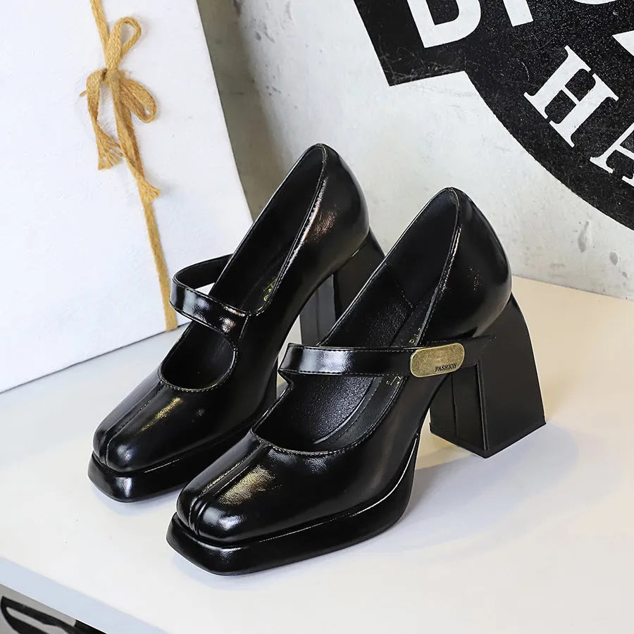 Retro platform high heel sandals with metal buckle strap in Anchor Red colour, square toe and square heel