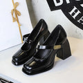 Retro platform high heel sandals with metal buckle strap in Anchor Red colour, square toe and square heel