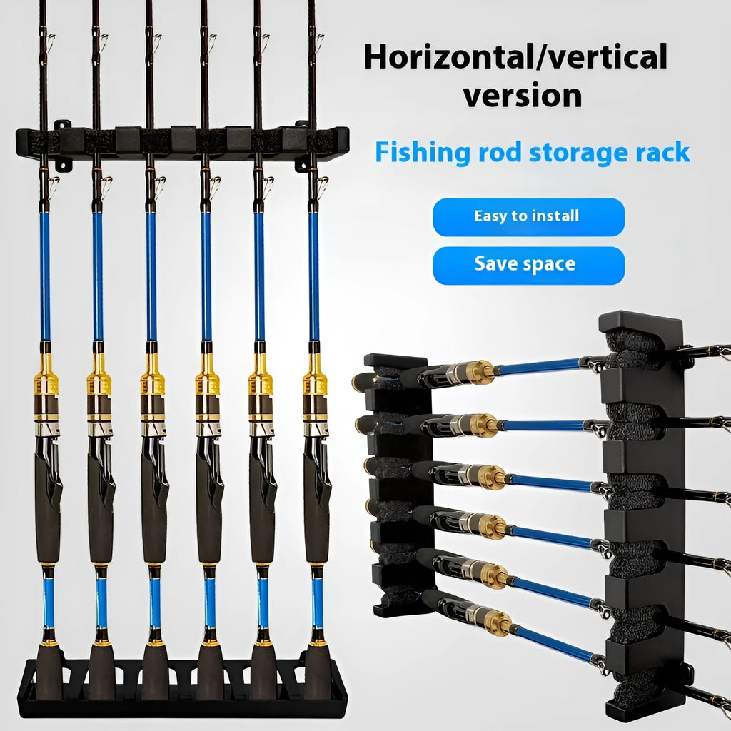 Black ABS plastic wall-mounted fishing rod holder in horizontal and upright display orientations