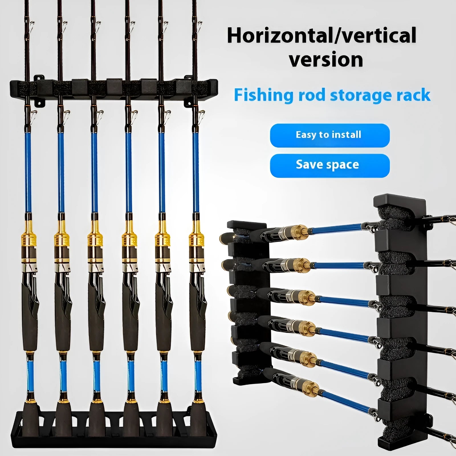 Black ABS plastic wall-mounted fishing rod holder in horizontal and upright display orientations