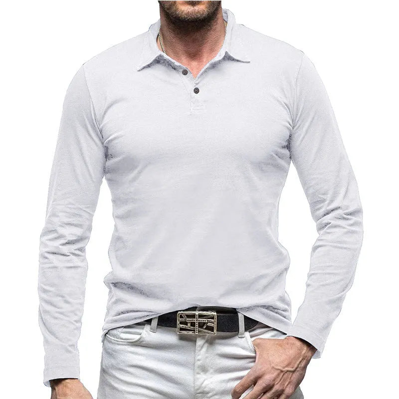 Men's dark grey cotton polo collar long sleeve t-shirt laid flat, showing American retro style.