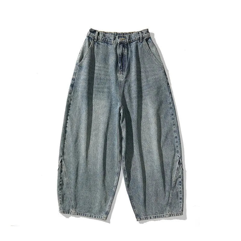 Men's plus size wide leg jeans in denim fabric with straight leg openings and low waist design