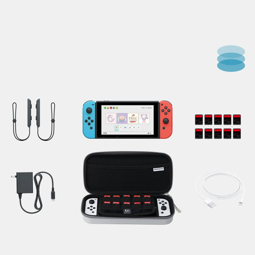 Nintendo Switch storage bag with multiple game cartridge slots and clutch handle in grey colour