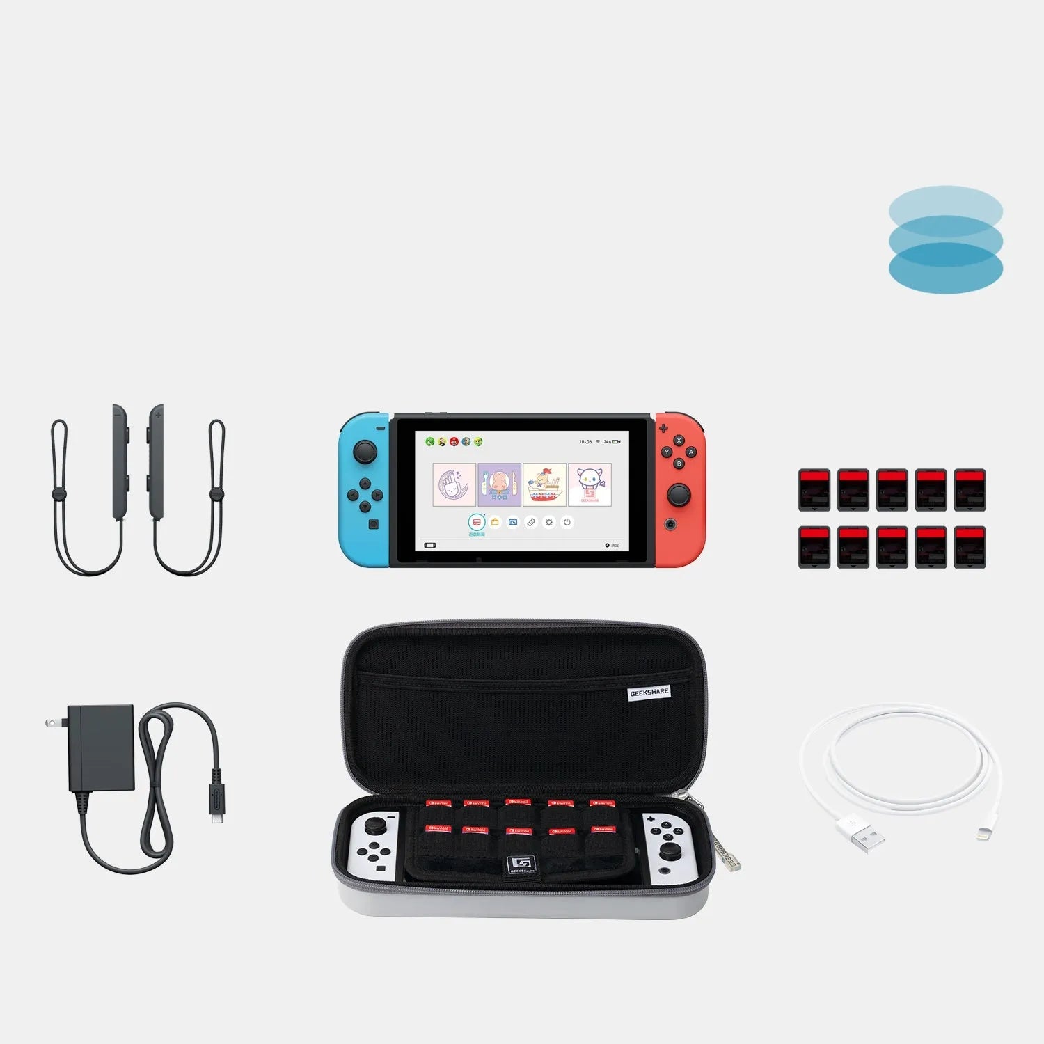 Nintendo Switch storage bag with multiple game cartridge slots and clutch handle in grey colour