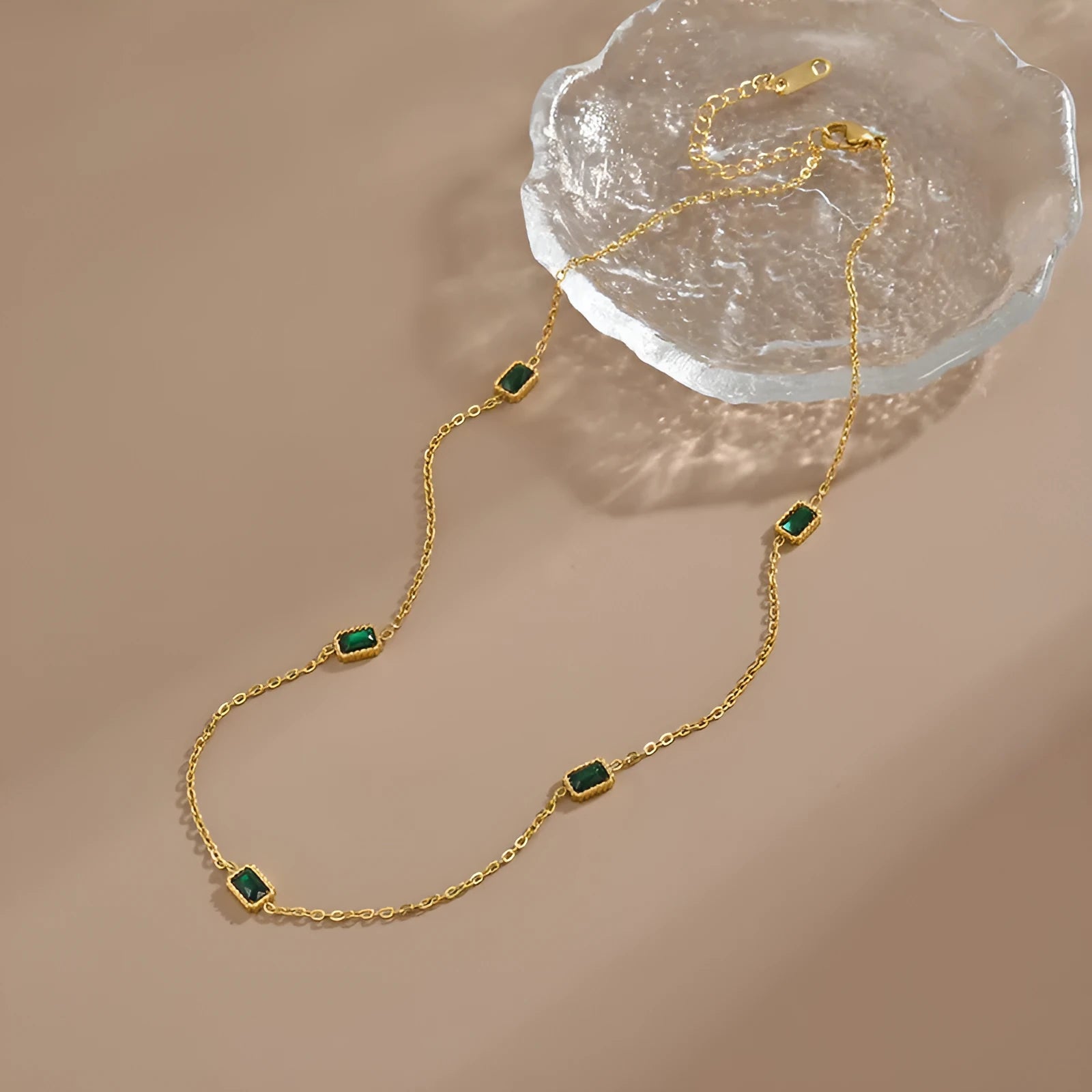 Titanium steel emerald zircon bracelet and necklace set with O-ring chain and 18K gold finish