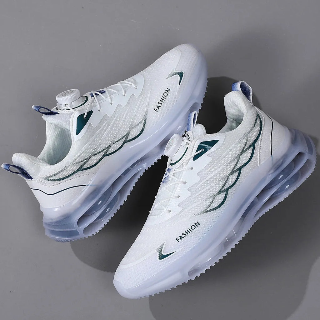 Men's white Korean style mesh casual sneakers with rotating button lace-up and rubber sole.