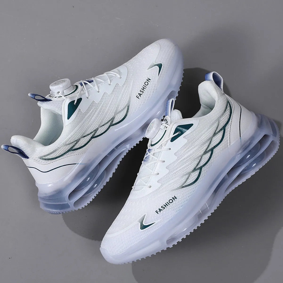 Men's white Korean style mesh casual sneakers with rotating button lace-up and rubber sole.