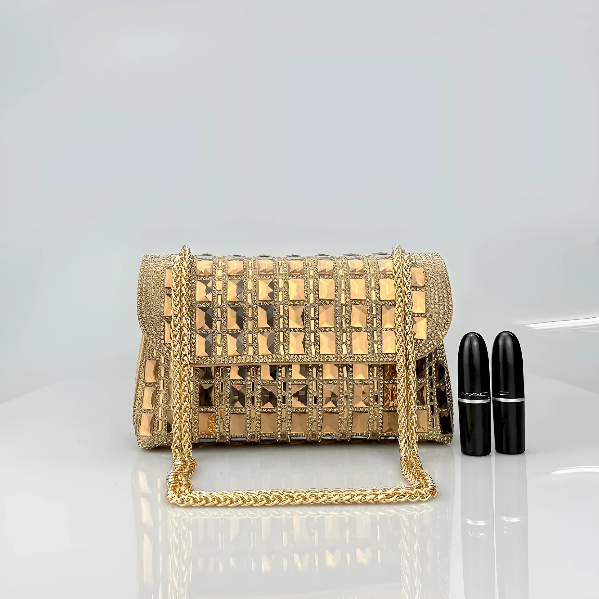 Shiny glass rhinestone chain clutch bag in horizontal square shape with internal phone pocket