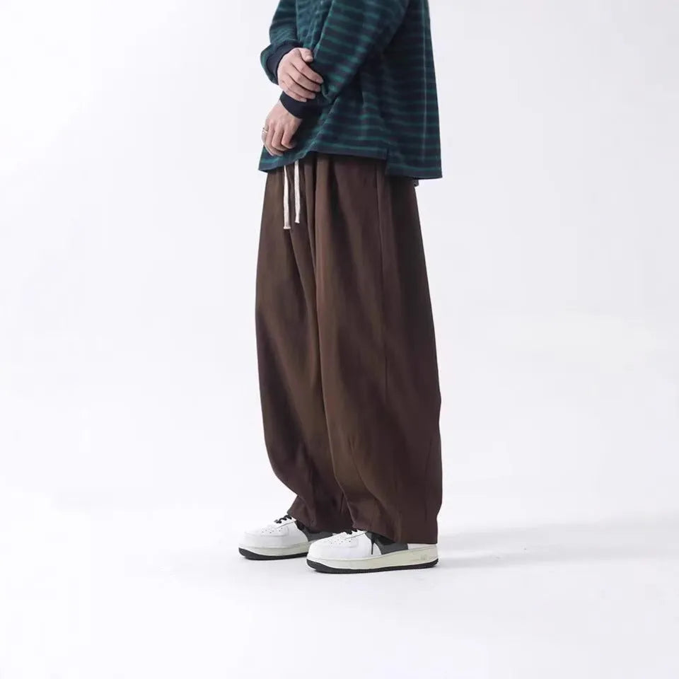 Cotton men's loose wide leg pants in black, straight leg cut with drawstring waist, mid-rise, size M to 8XL