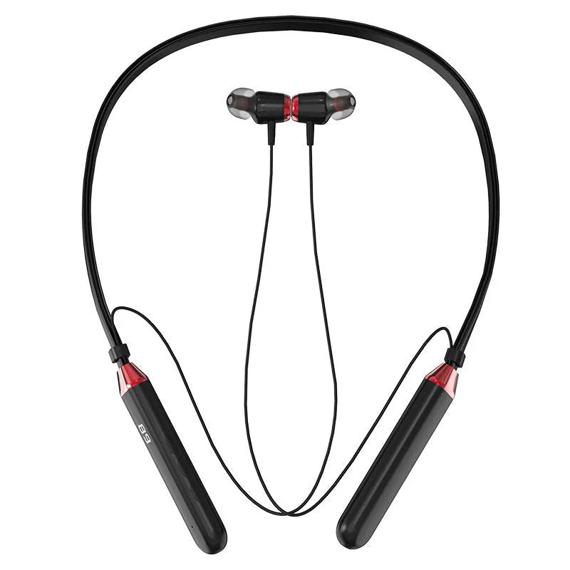 Wireless Bluetooth 5.0 neck hanging sports headset in black with digital display and 500mAh battery
