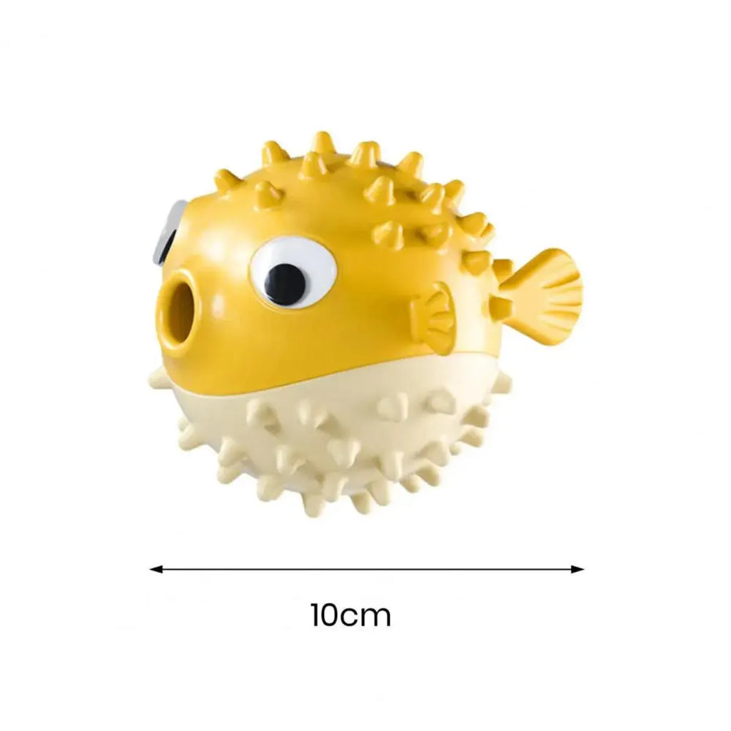 Yellow durable vinyl fish-shaped dog chew toy with squeaker for aggressive chewers.