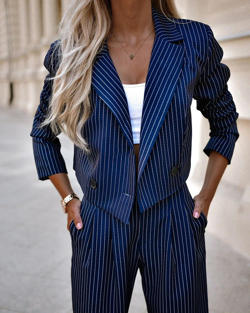 Stylish striped suit set with cropped top and straight-leg pants in various colors