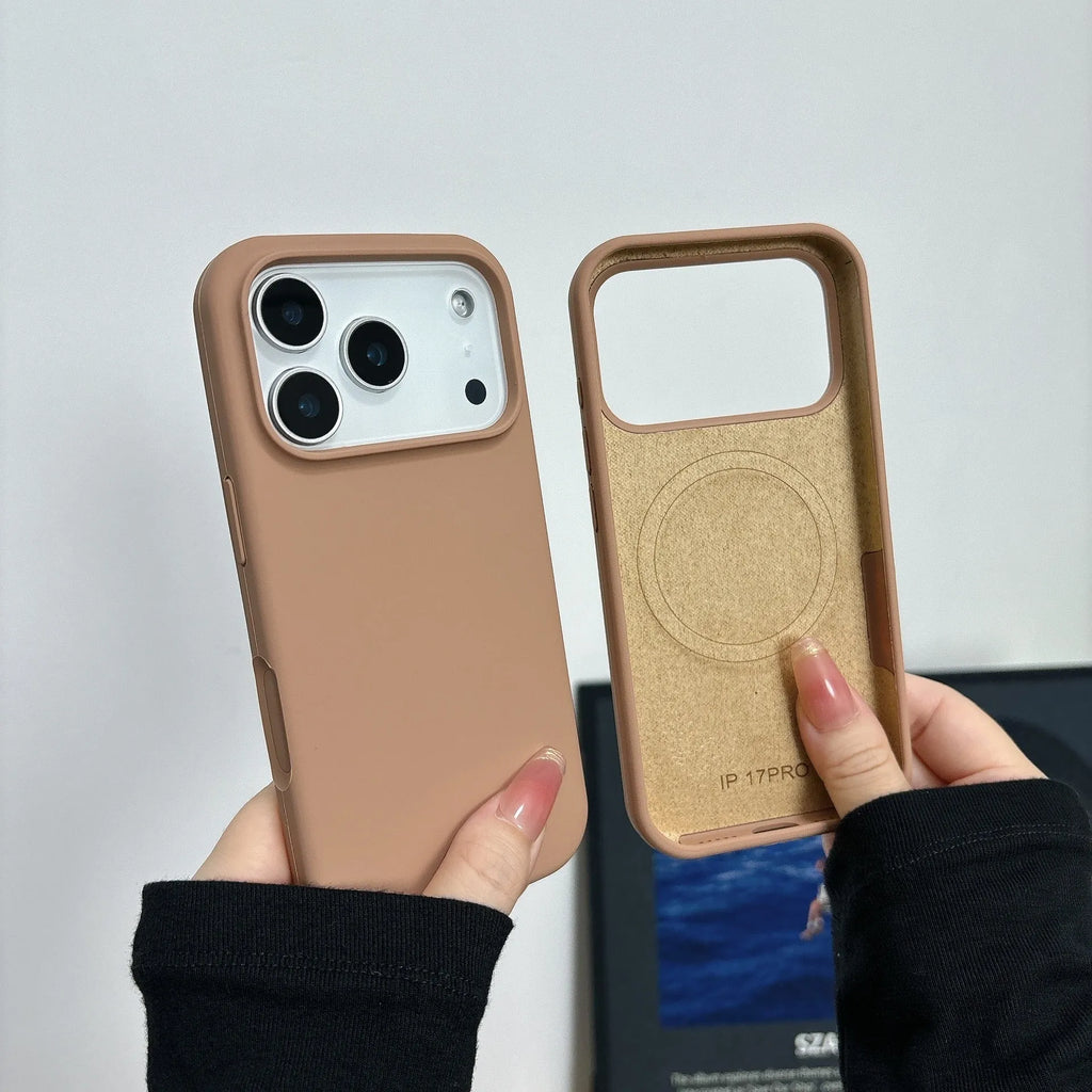 Liquid silicone magnetic charging phone case for iPhone with a dedicated AI button, shown in antique white colour.