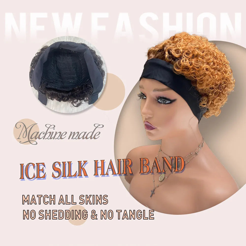 Real human hair wig with Ice Silk Hair Band in ice silk hair band elf style, suitable for ladies any face type