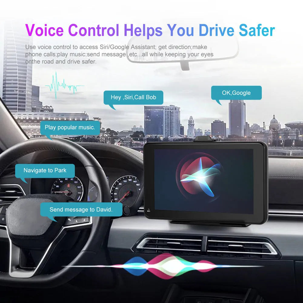 7-inch HD wired screen media player with universal mounting supports on a car dashboard.