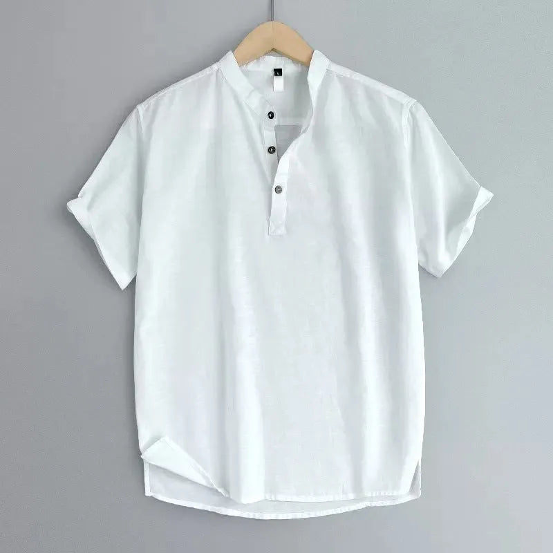 Men's solid colour short sleeve T-shirt in thin cotton linen blend fabric on a hanger.