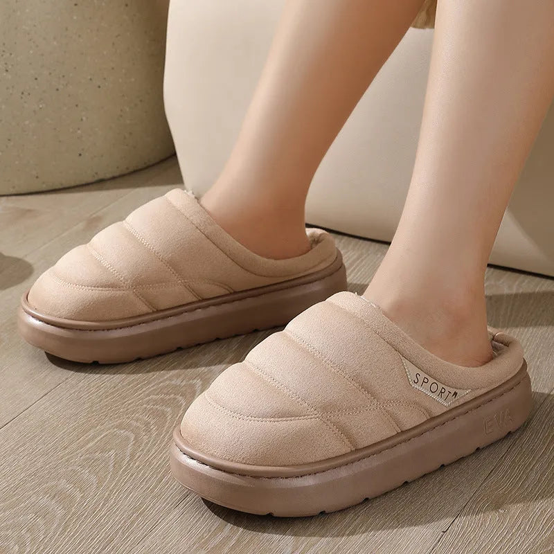 Plush indoor slippers with suede upper and EVA sole in grey, khaki, coffee, and camel