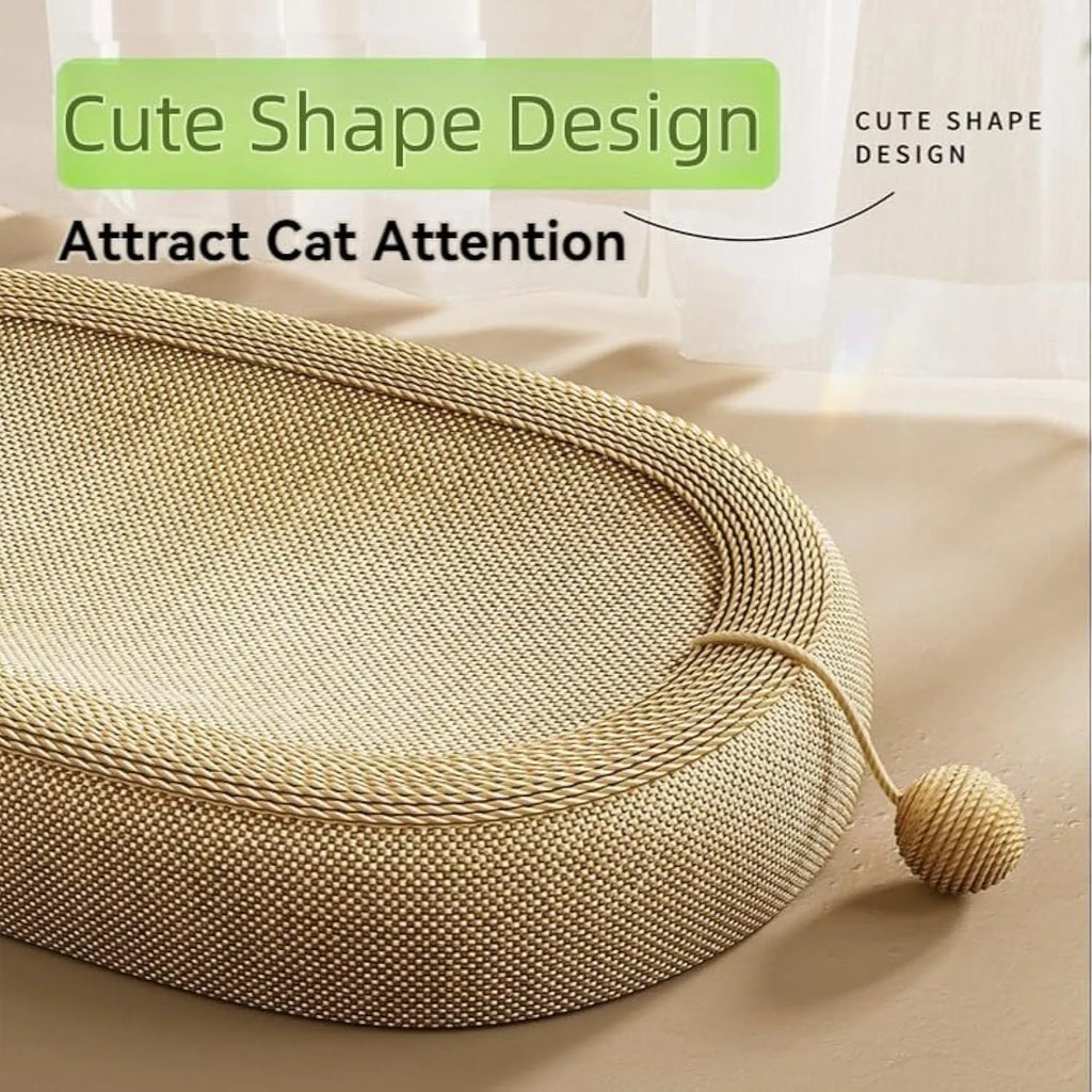 Large rectangular sisal cat scratching board with a grey cushioned cat bed attached on top.