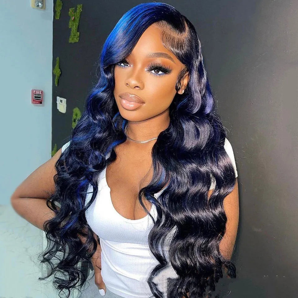 Highlight body wave human hair lace front wig with 13x4 lace, 18 inch length, and straight bangs.