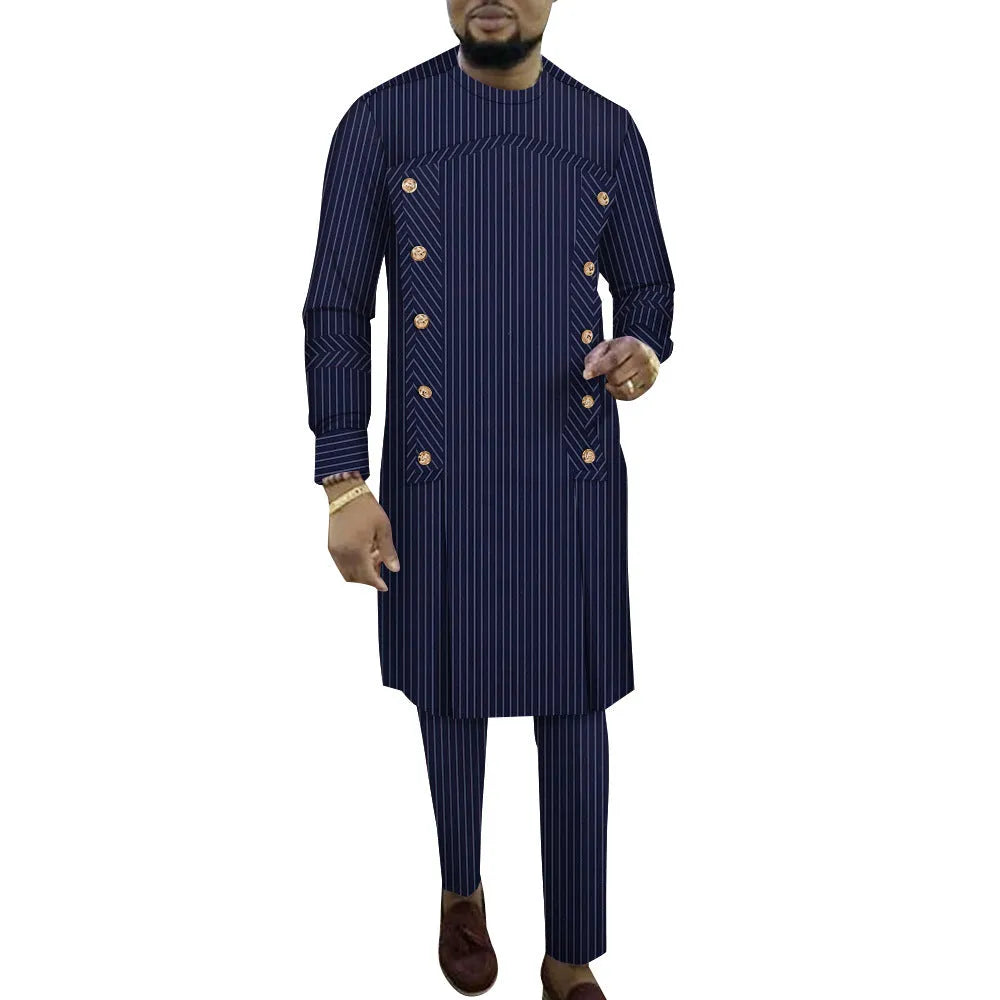 African striped cotton lounge set for men with long sleeve top and trousers