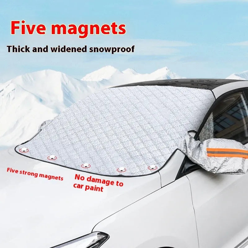 Aluminium foil car windshield cover with magnetic fasteners and reflective edge stripes for winter protection