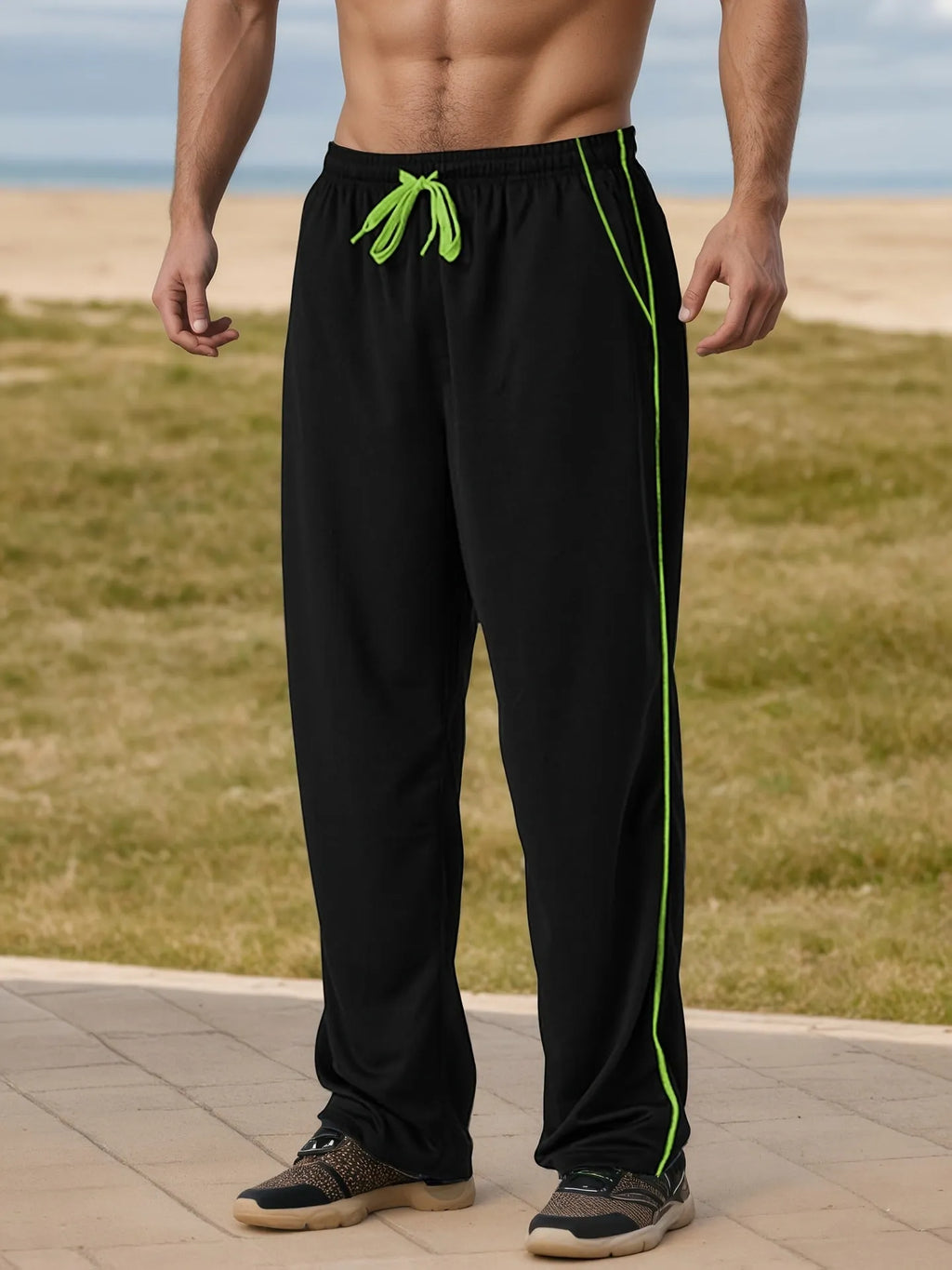 Men's loose sports jogging pants in black green with high waist and straight leg bamboo fibre fabric