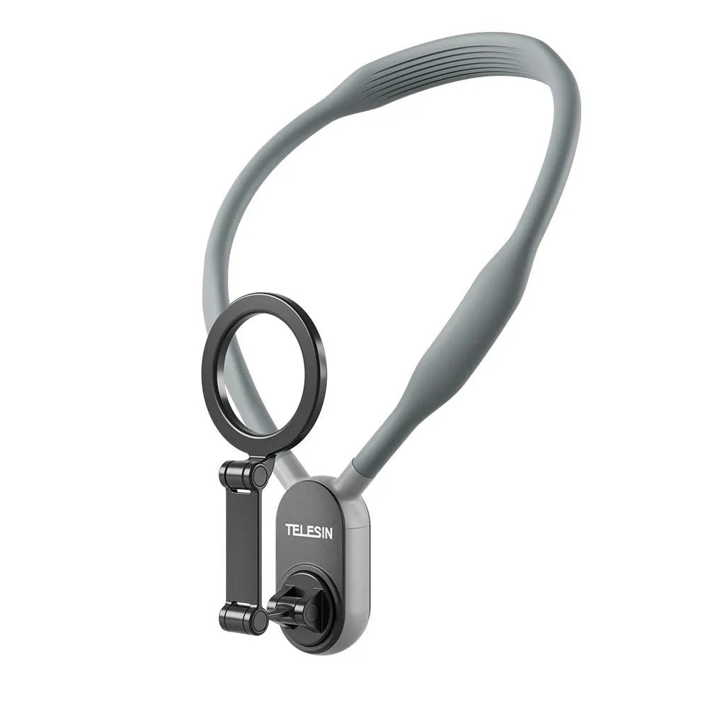 Grey silicone magnetic phone neck mount showing phone attached vertically with anti-release safety rope
