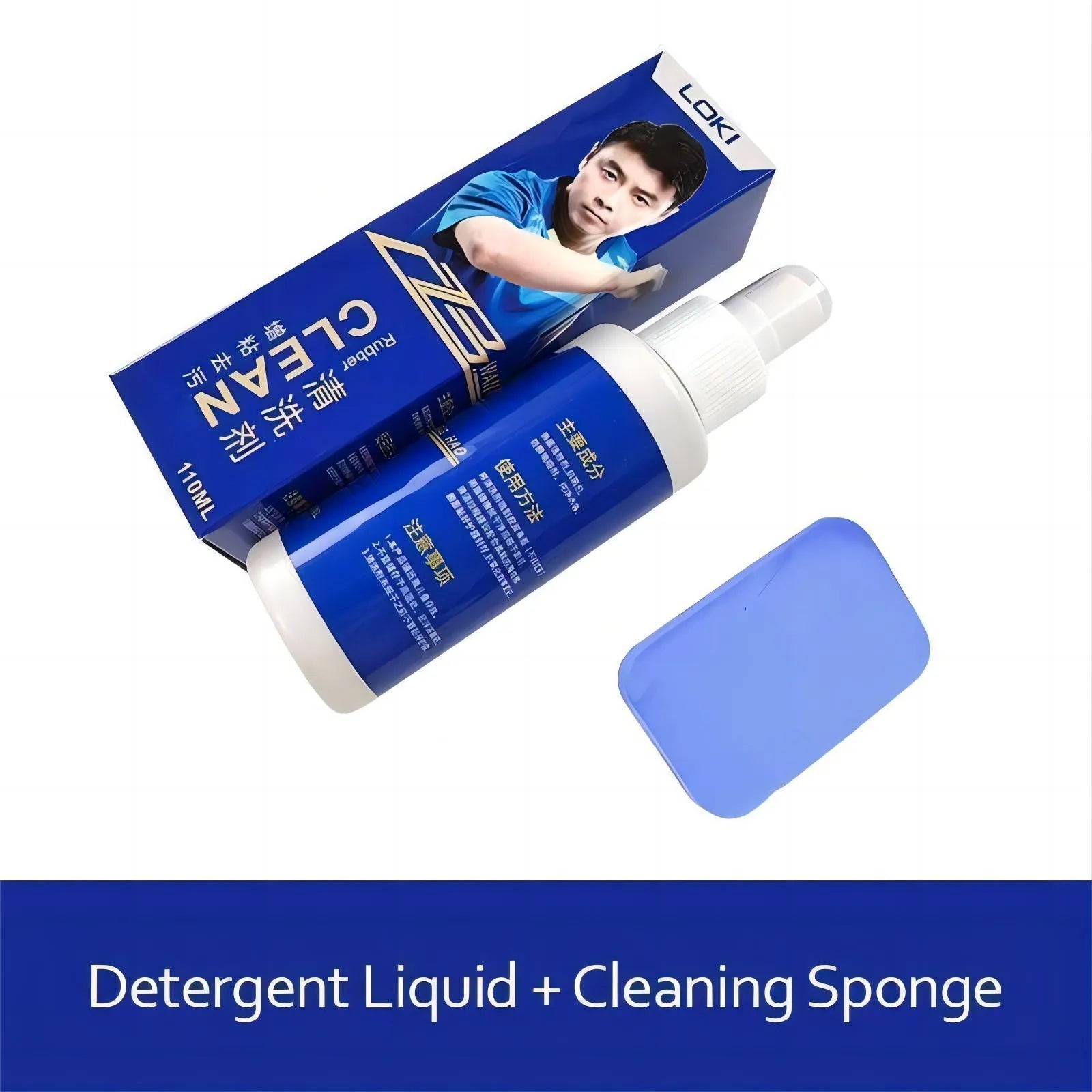 110ml bottle of table tennis rubber cleaning liquid with a sponge applicator for racket maintenance