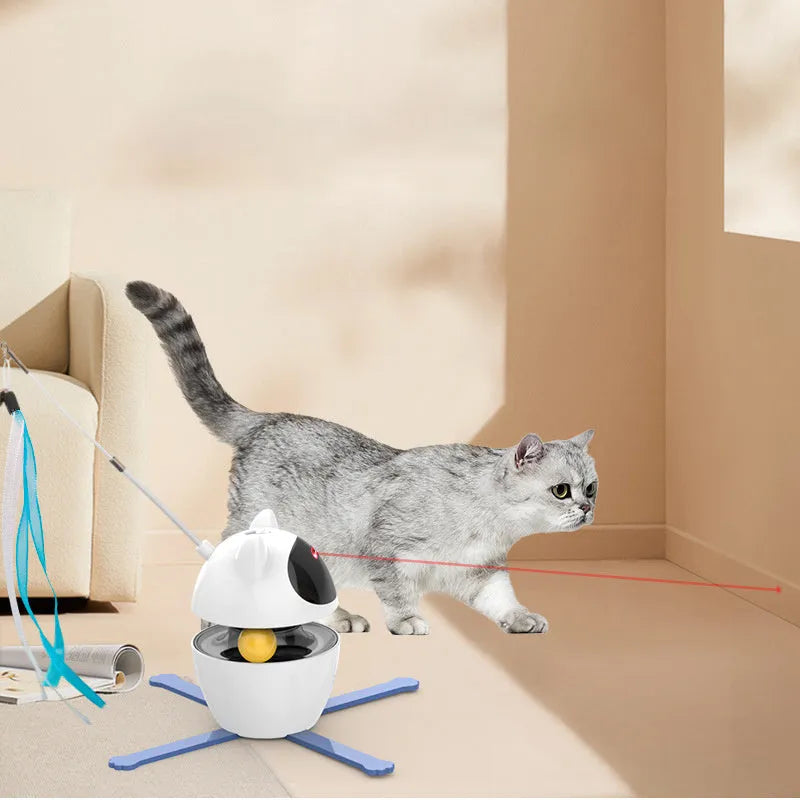Automatic rotating electronic cat toy with feather teaser on an elastic rope, suitable for indoor cats