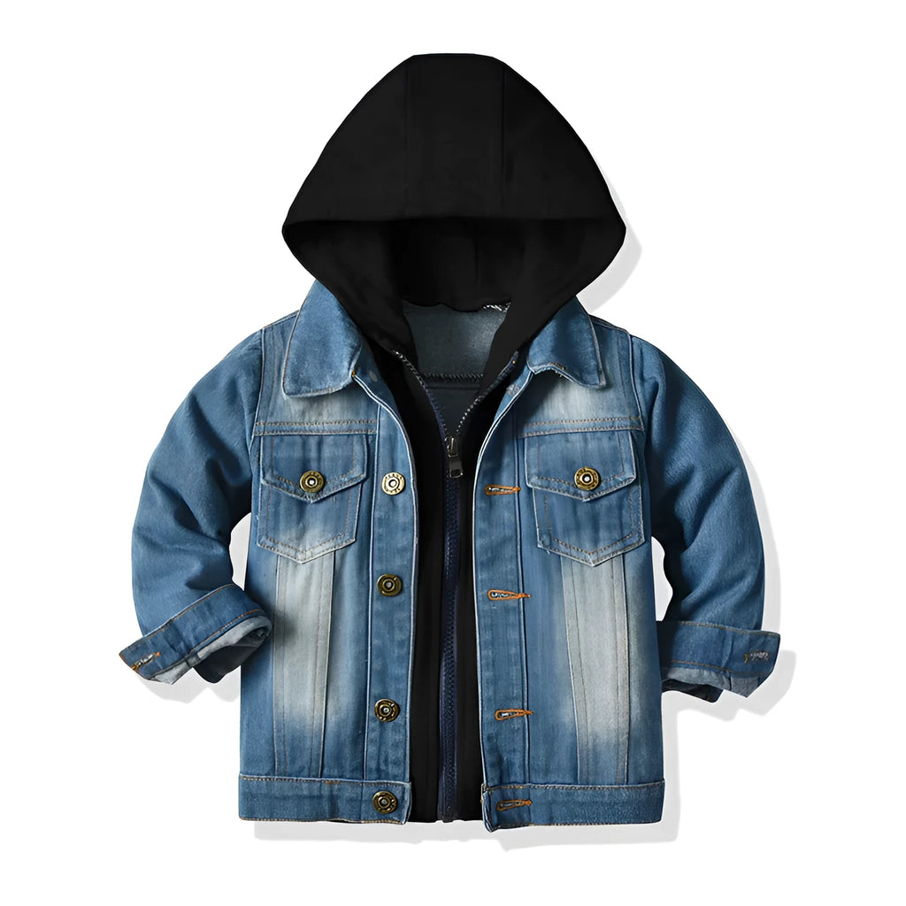Grey children's hooded fake denim jacket with lapel collar, shown on a hanger