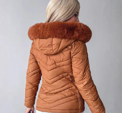 Cinched hoodie with fur collar short jacket in black polyester cotton, long sleeves, commuting style
