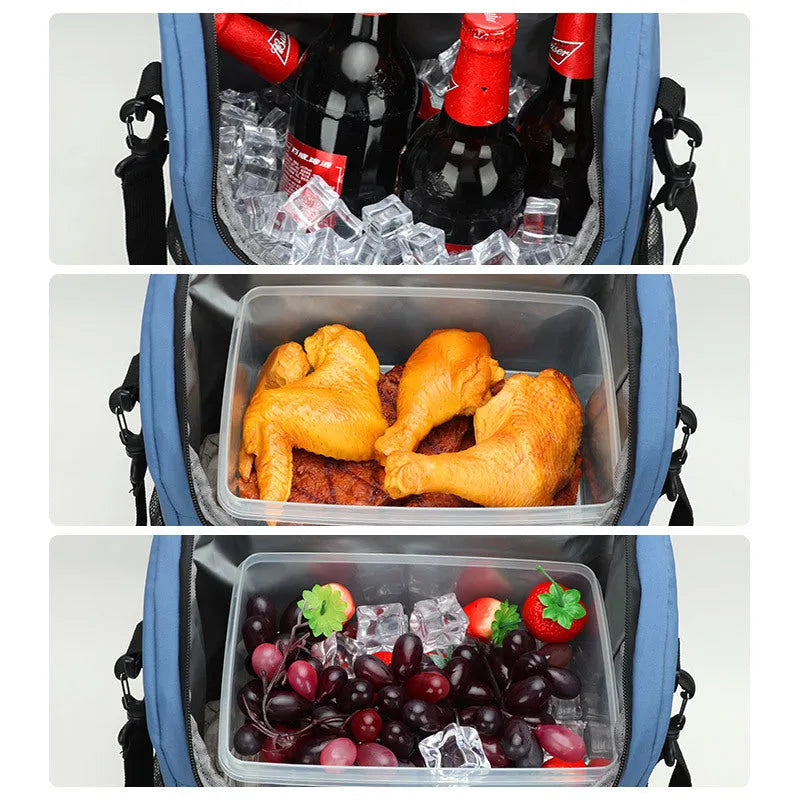 Black cloth backpack with built-in bottle opener showing 20-litre capacity and waterproof insulation