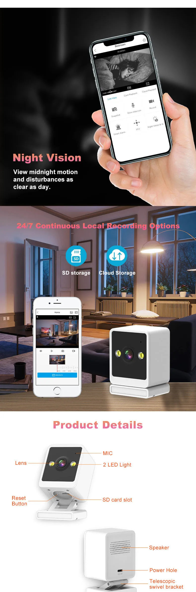 Wireless WiFi surveillance camera, 13.5x10.5x10cm, 720p night vision, for indoor and outdoor home office use