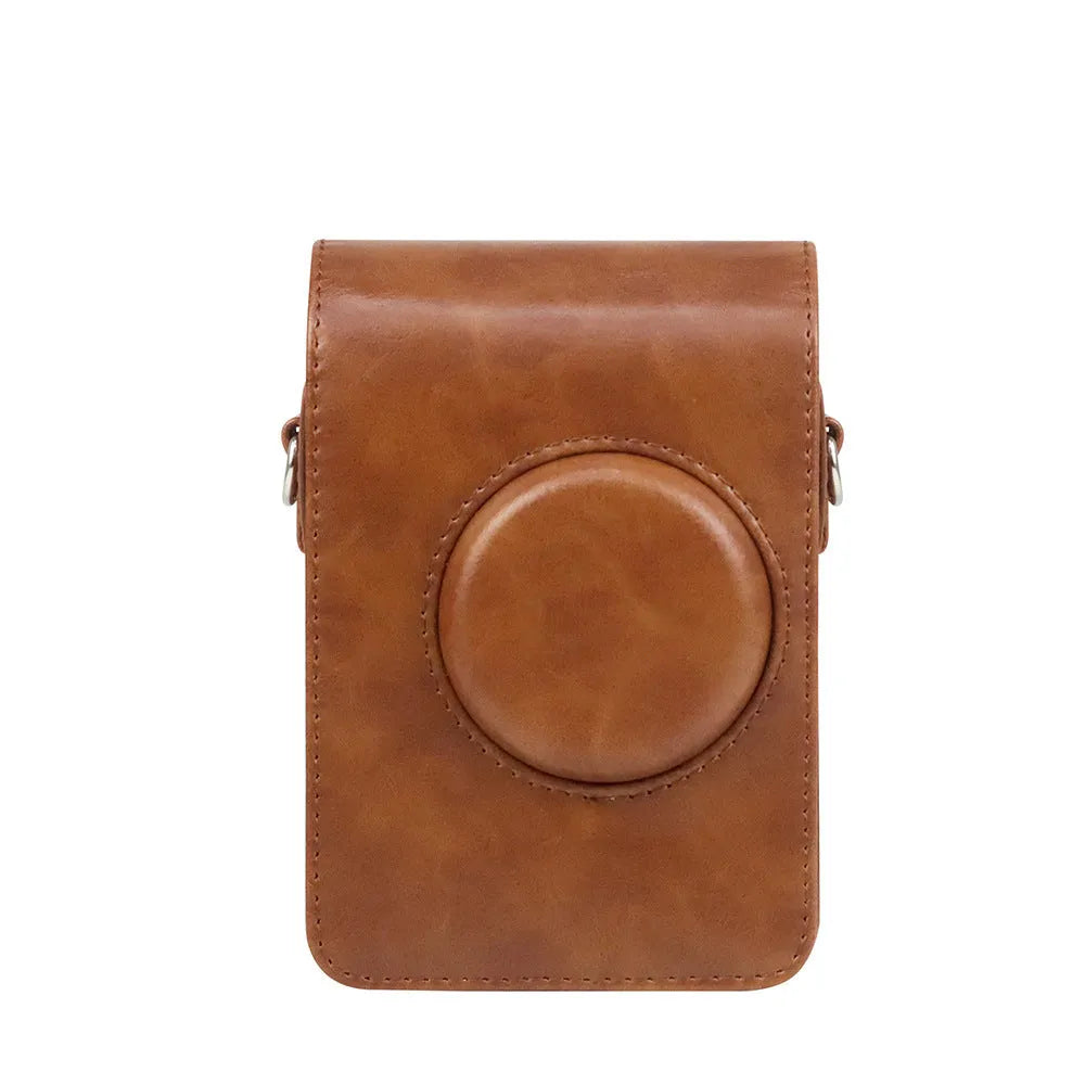 Portable retro PU leather camera storage shoulder bag with curved strap in silver texture finish