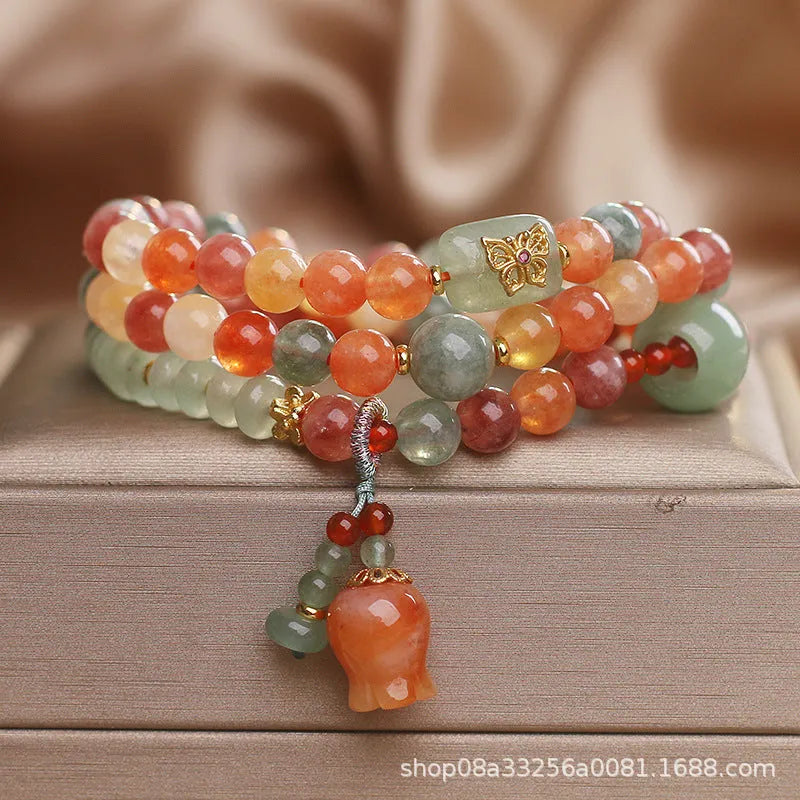 Natural Xinjiang Jinsi Jade multi-circle bracelet with round beads and flower-shaped lily pendant for women