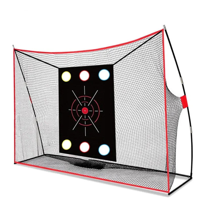 Golf swing wedge training net kit with straw mat, red PU balls, and practice accessories laid out