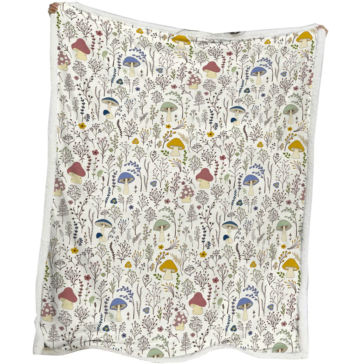 White tree leaf mushroom style sherpa fleece blanket with hemmed edges, available in 130x150cm and 150x200cm