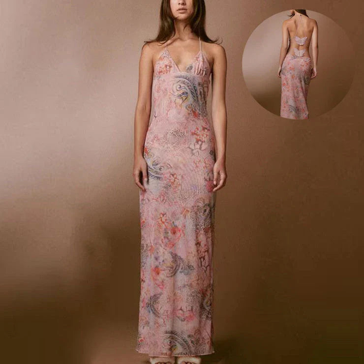 Floral print halter dress with spaghetti straps, slim silhouette, and butterfly back design, available in various colors