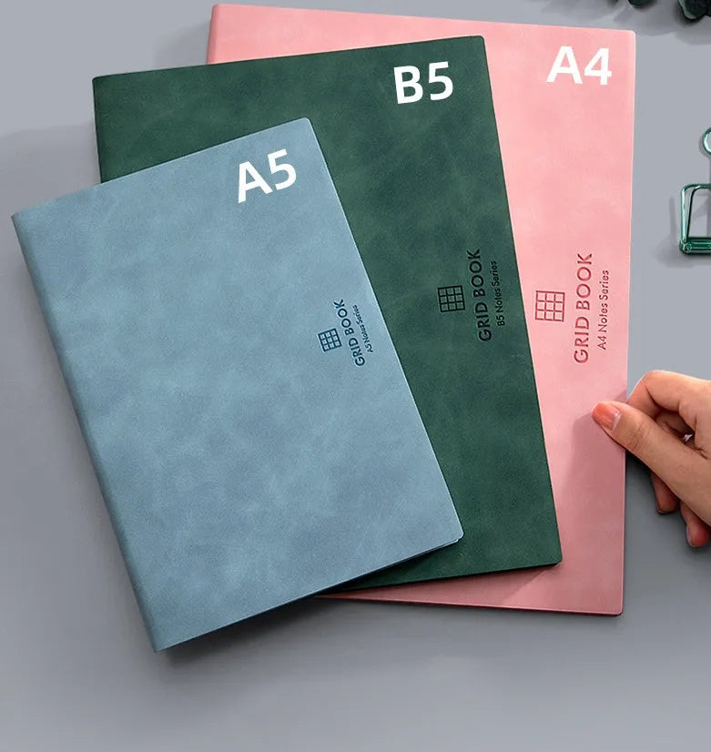 Hand painted square grid notebook with PU cover in lake blue colour, A5 size, locking plastic binding