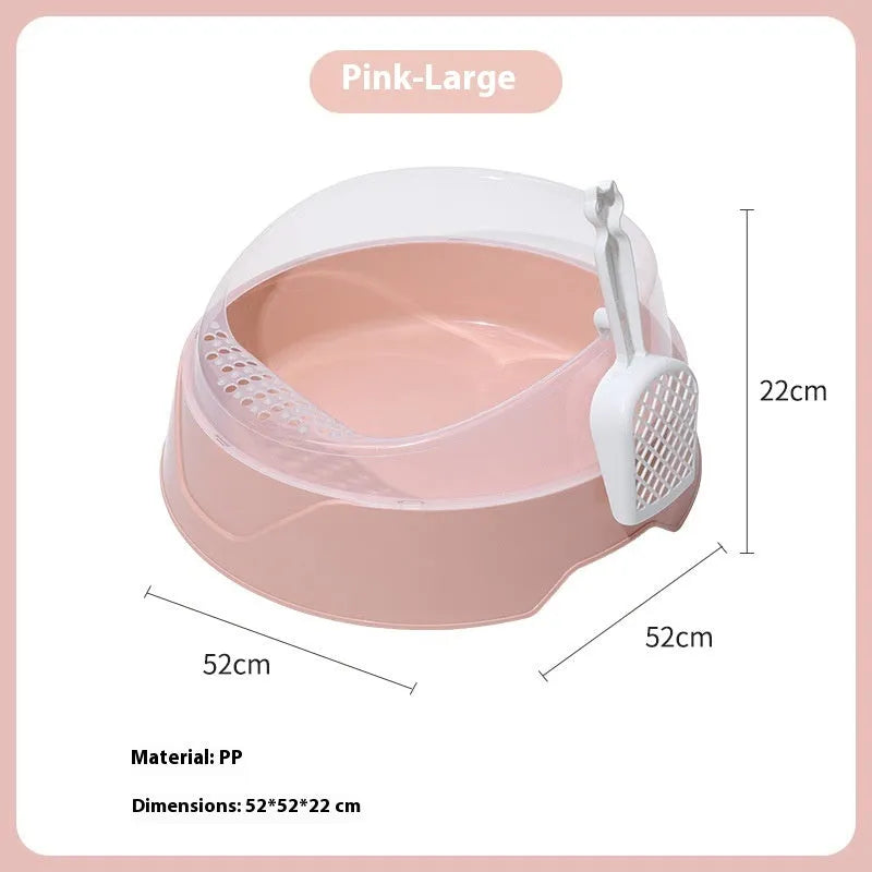 Round deodorant cat litter box in mint green and pink colour options showing large and small sizes.