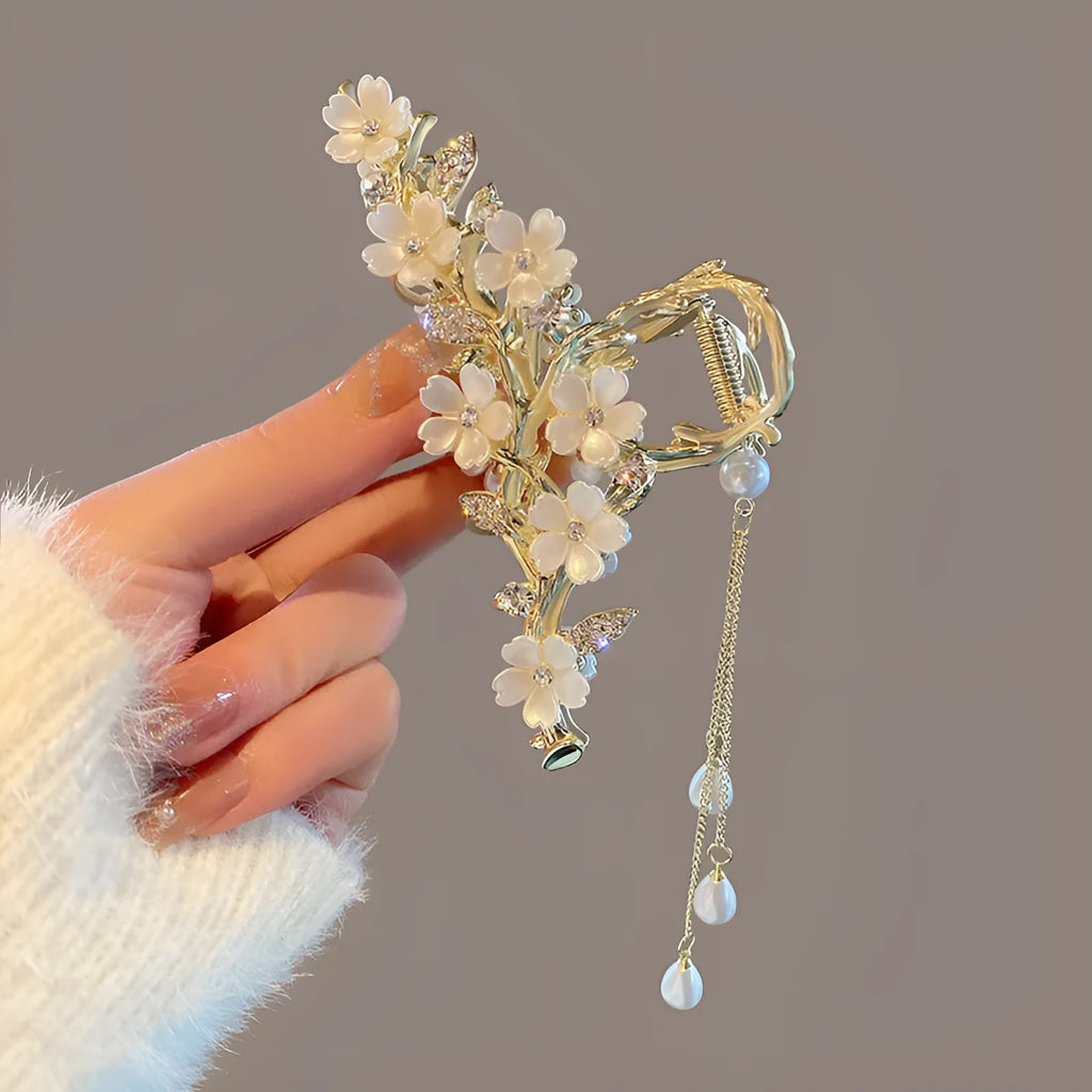 Large alloy hair clip with pearl, water diamond inlay and bell orchid tassel pendant, 11.5cm long